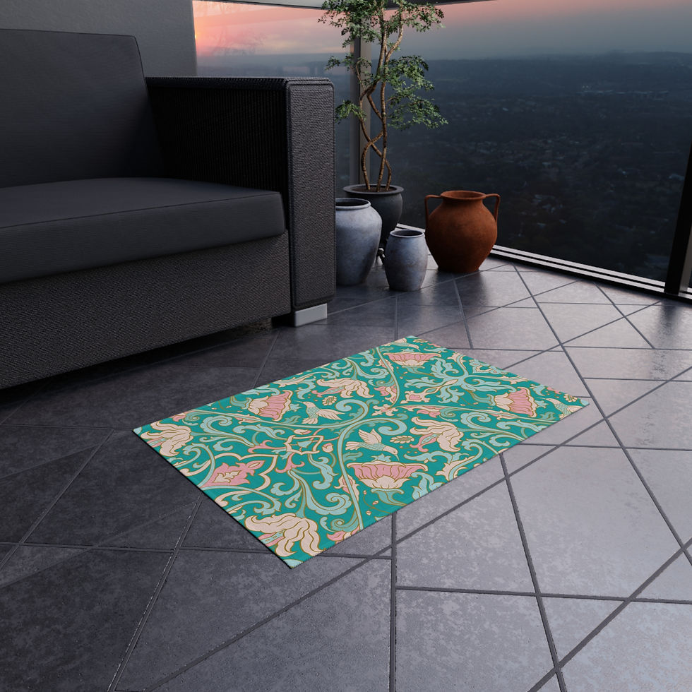 Thumbnail: Outdoor Rug — Teal Botanical Scroll Patio Rug (Floral Vine Pattern)