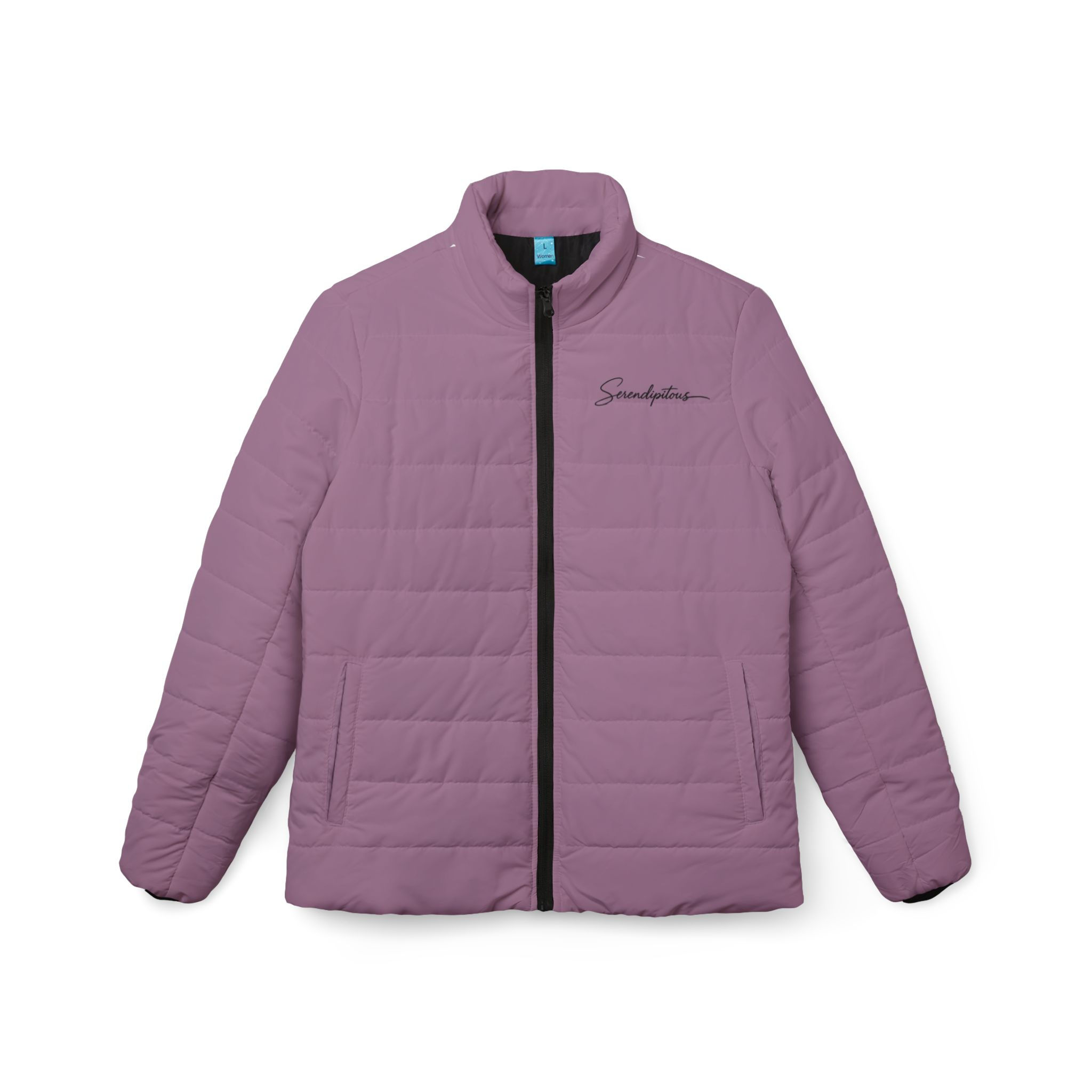 Women’s Puffer Jacket — Cozy Lavender Quilted Winter Coat with Script Logo