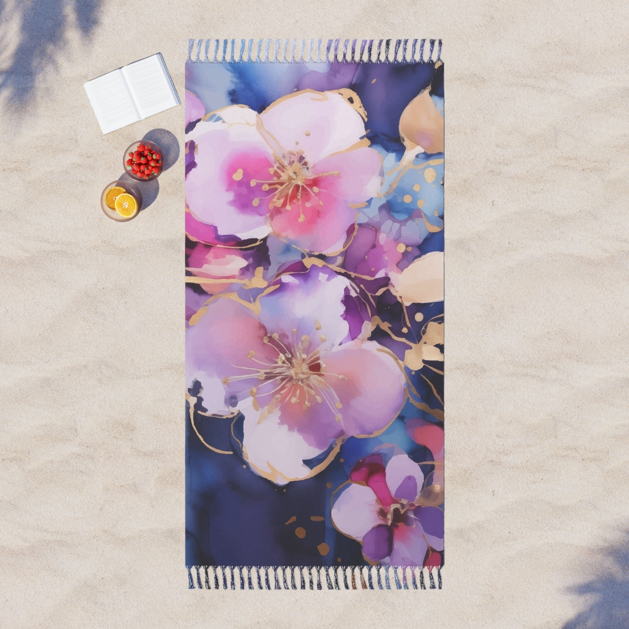 Floral Boho Beach Towel — Watercolor Pink & Purple Blossom Fringe Towel
