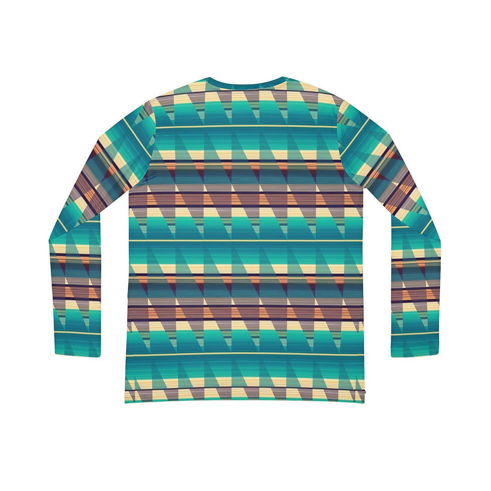 Thumbnail: Women's V-Neck Long Sleeve Tee — Turquoise Aztec Stripe All-Over Print