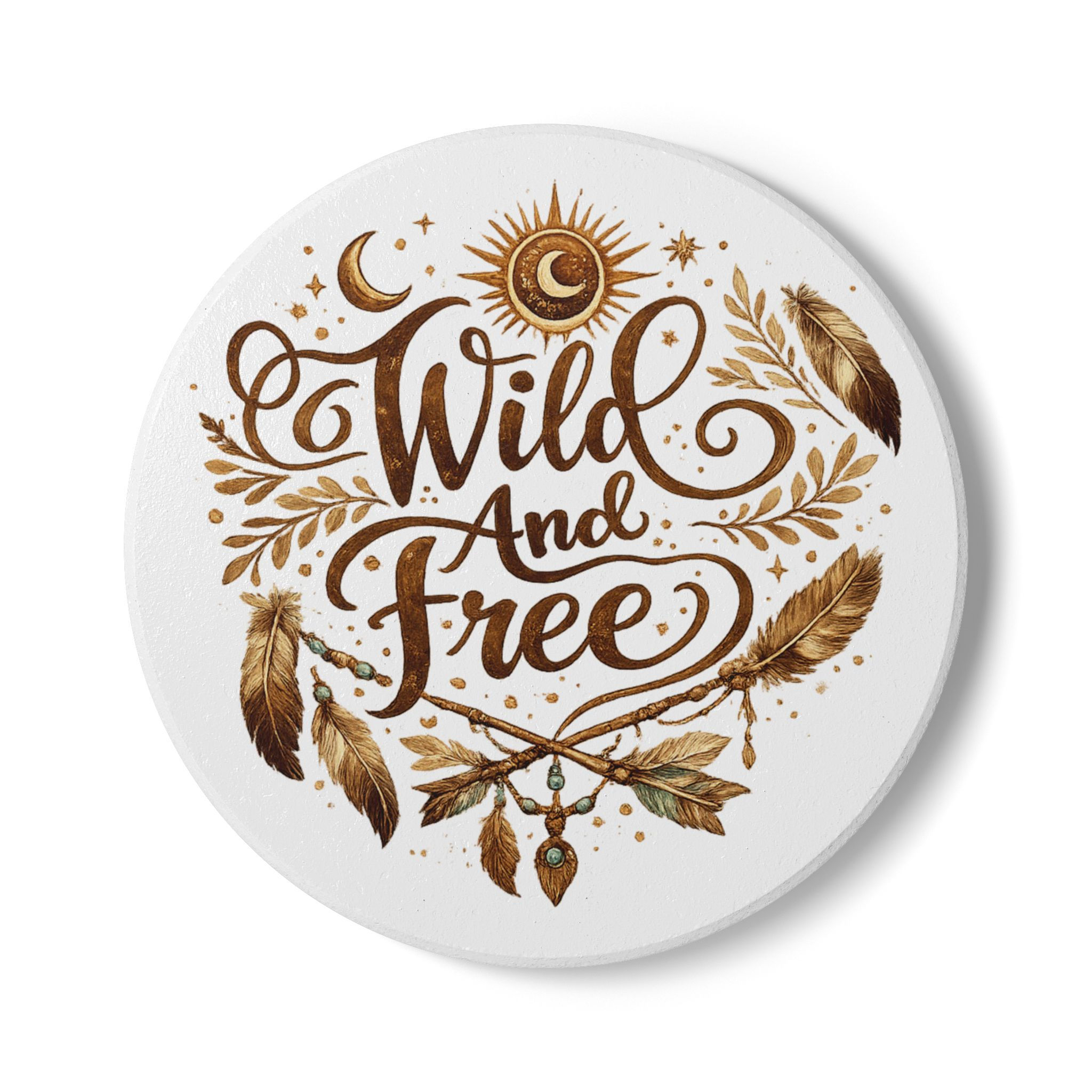 Wild and Free Ceramic Coaster — Boho Feathers & Sunstone Drink Coaster