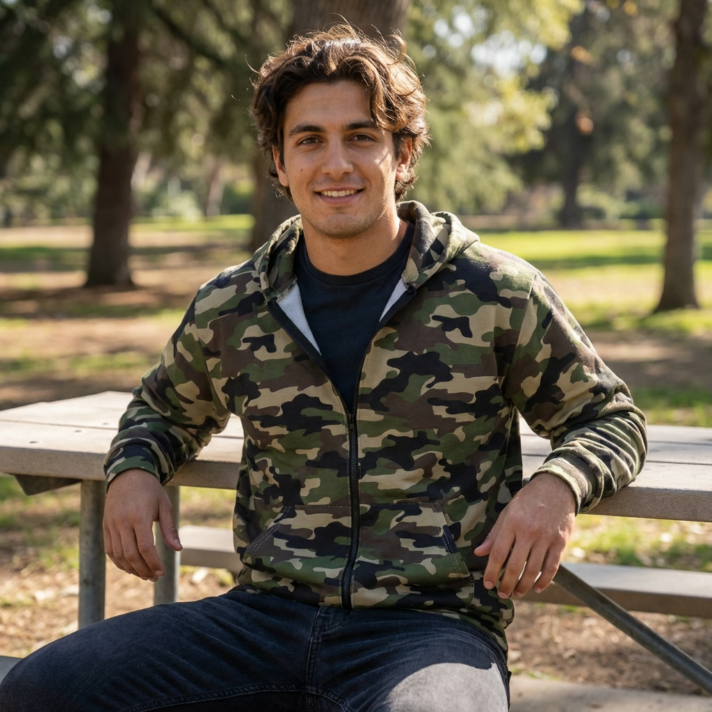 Camo Zip Hoodie — All-Over Print Military Camouflage Full-Zip Hooded Jacket