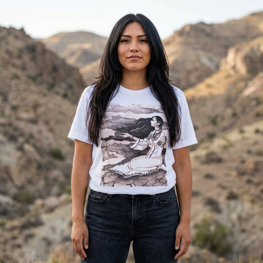 Native Woman Sitting | Vintage Illustrated T-Shirt