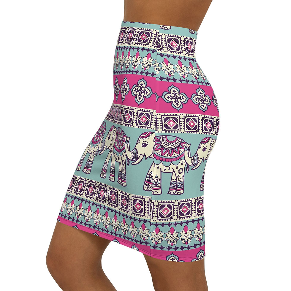 Thumbnail: Boho Elephant Print Pencil Skirt — Pink & Teal Tribal Midi