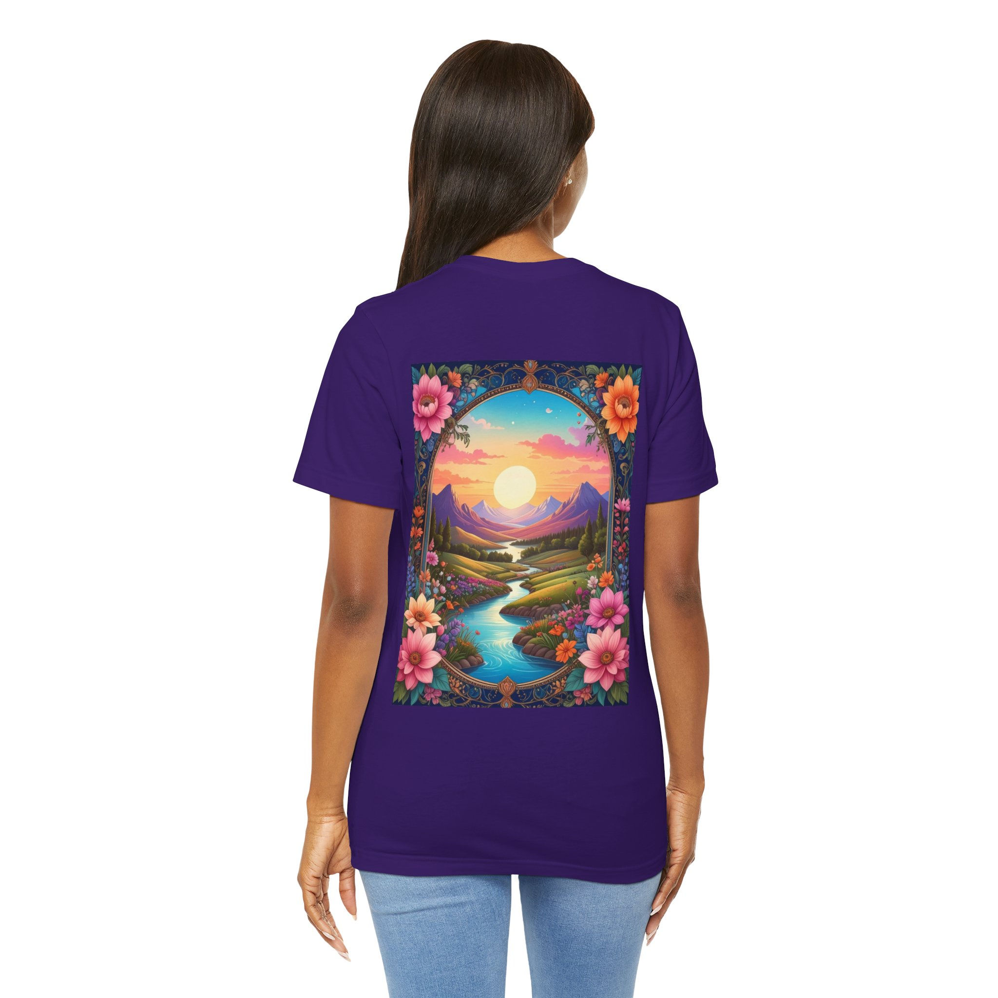 Scenic Sunrise Landscape T‑Shirt — Floral Portal River Mountain Tee