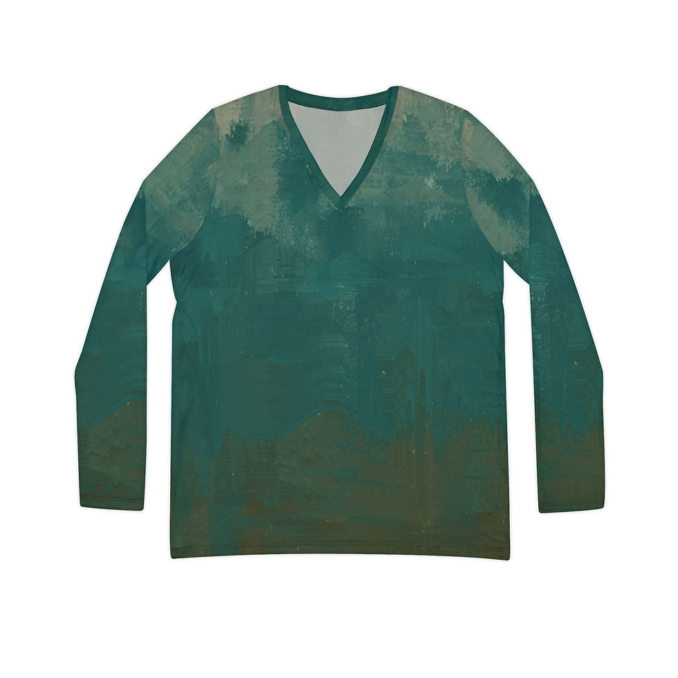 Thumbnail: Teal Watercolor V-Neck Long Sleeve Shirt