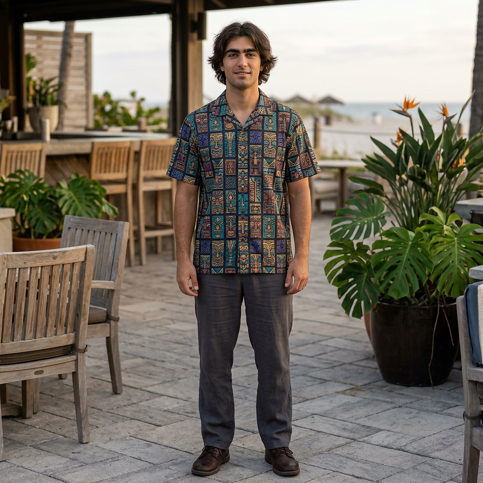 Thumbnail: Men's Retro Geo Hawaiian Camp Shirt — Dark Vintage Tiki Print