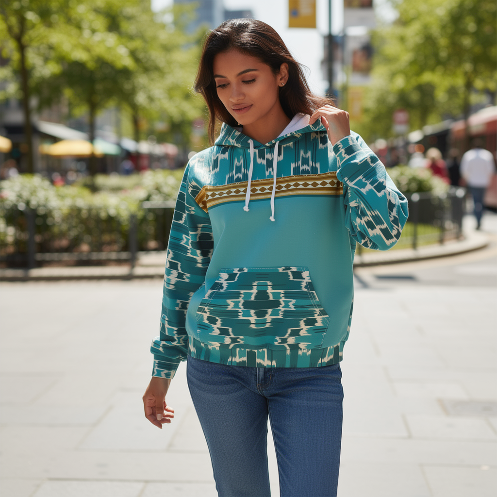 Teal Aztec Pattern Hoodie – Southwestern Tribal Pullover