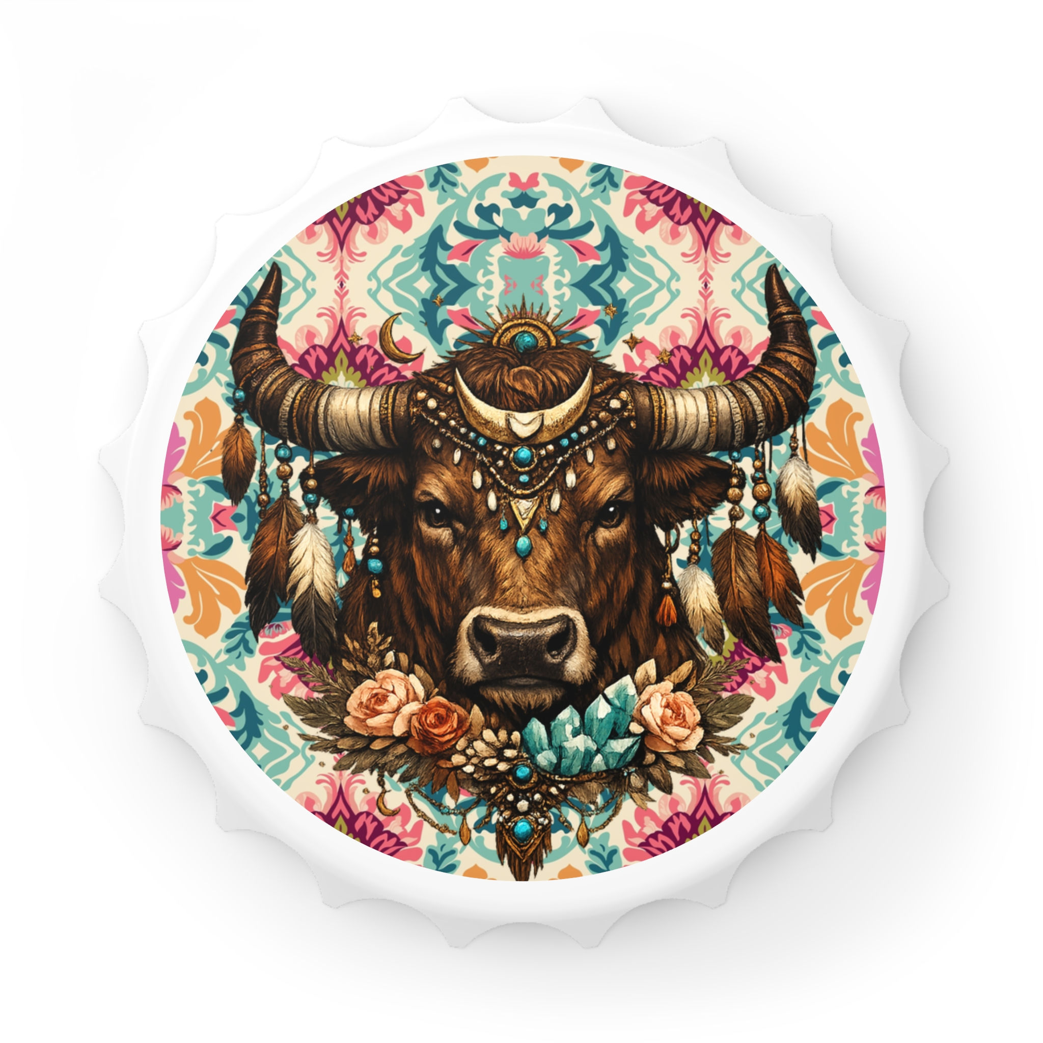 Boho Buffalo Bottle Opener — Decorative Floral Western Bottle Cap Opener