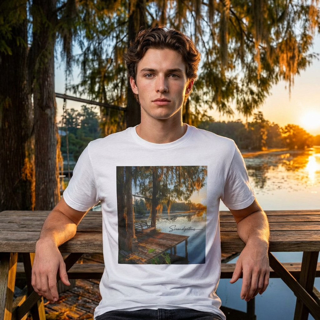 T-Shirt — Lakeside Sunrise Dock Photo Tee (Southern Charm)