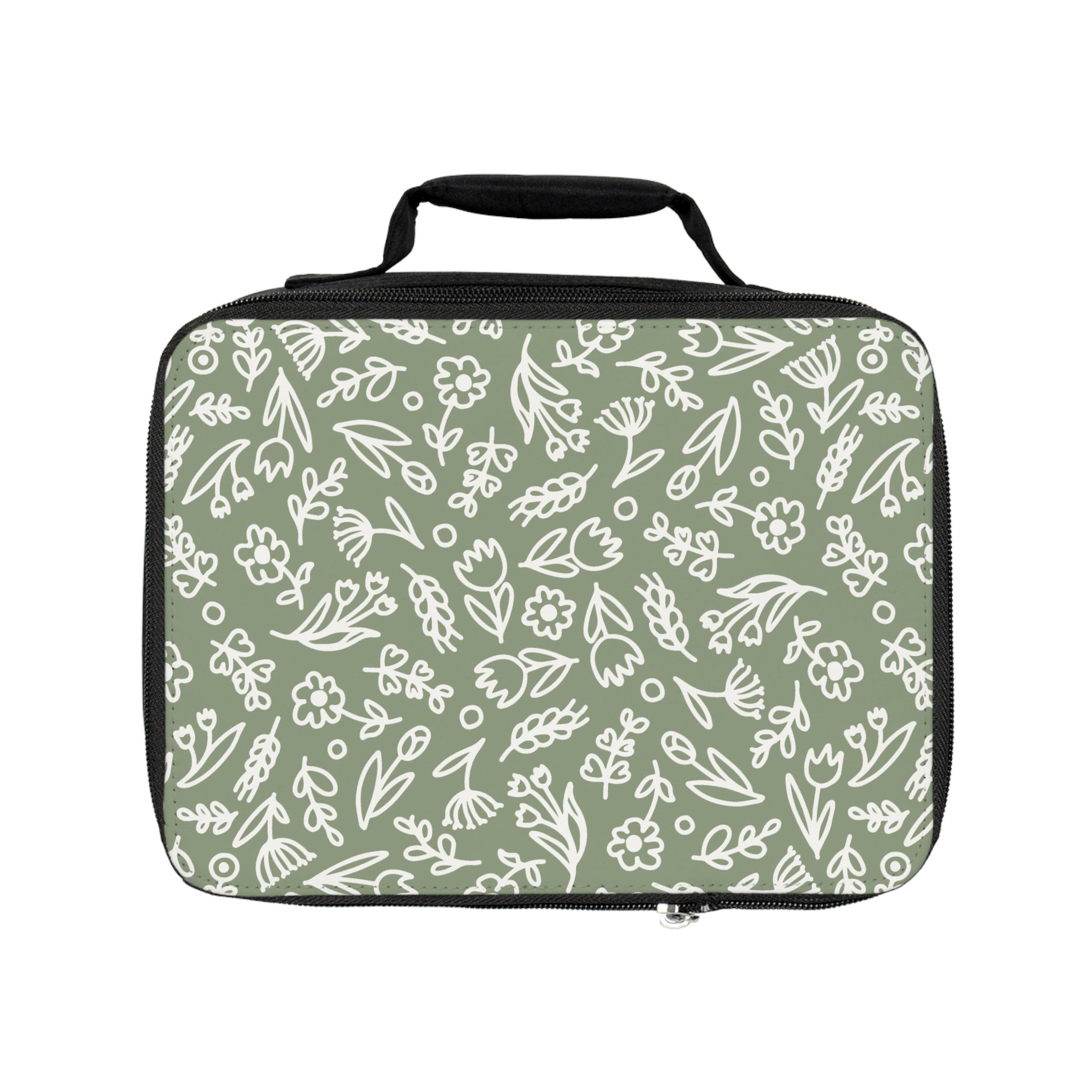 Floral Doodle Lunch Bag — Green Botanical Insulated Tote