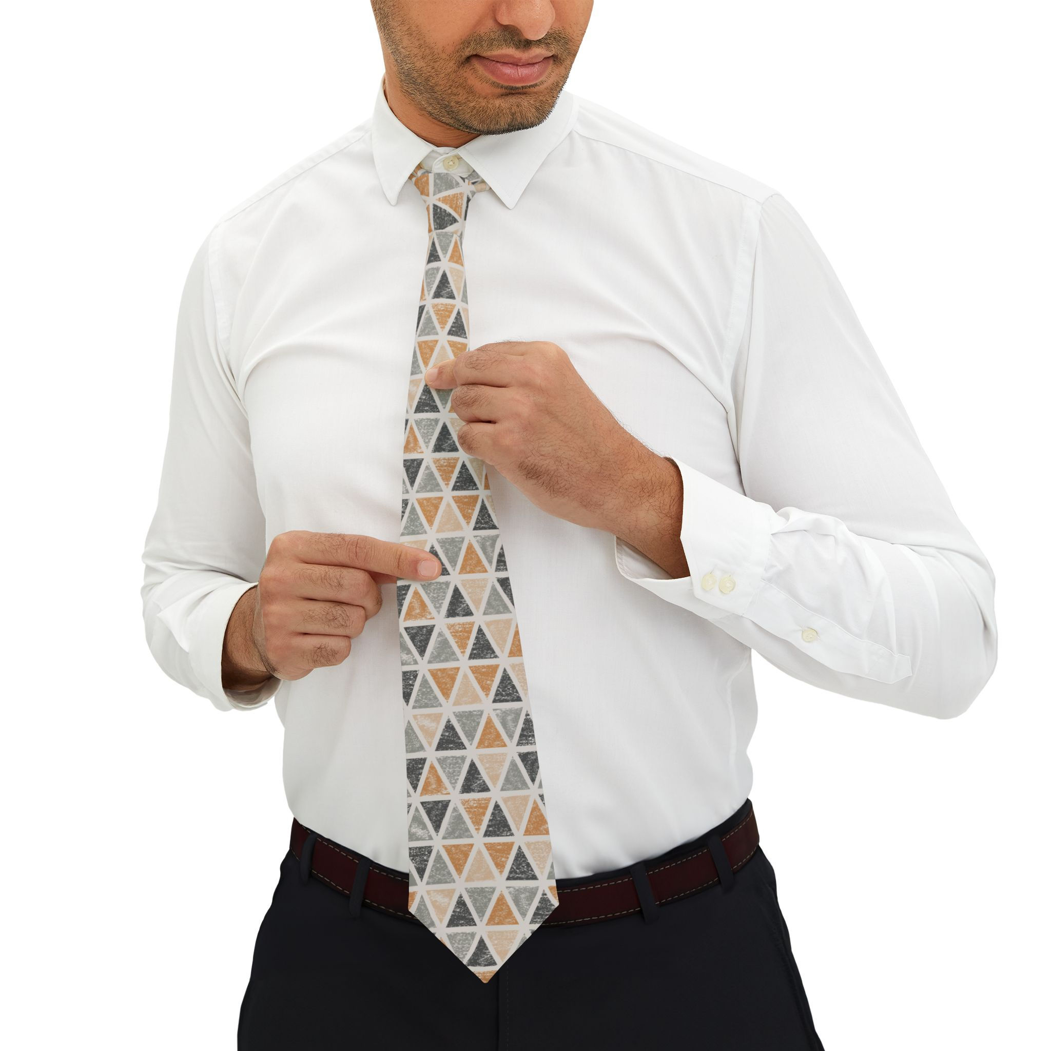 Geometric Triangle Pattern Necktie — Beige & Gray Slim Tie for Modern Menswear