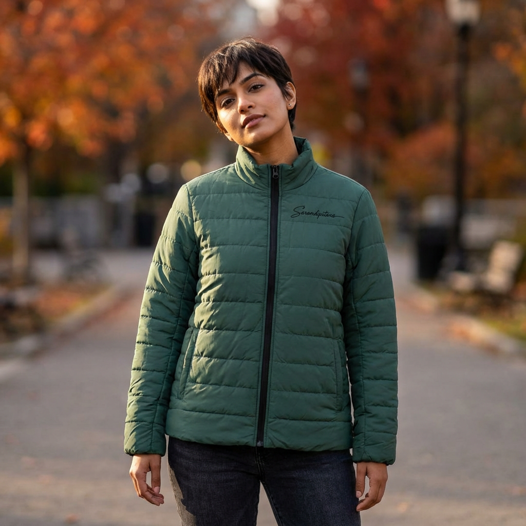 Women’s Quilted Puffer Jacket – Forest Green Lightweight Insulated Coat