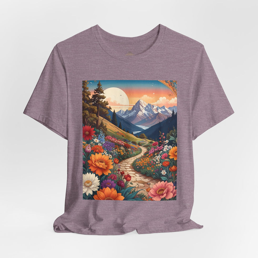 Thumbnail: Floral Mountain Path Tee — Retro Sunset Nature Graphic T‑Shirt