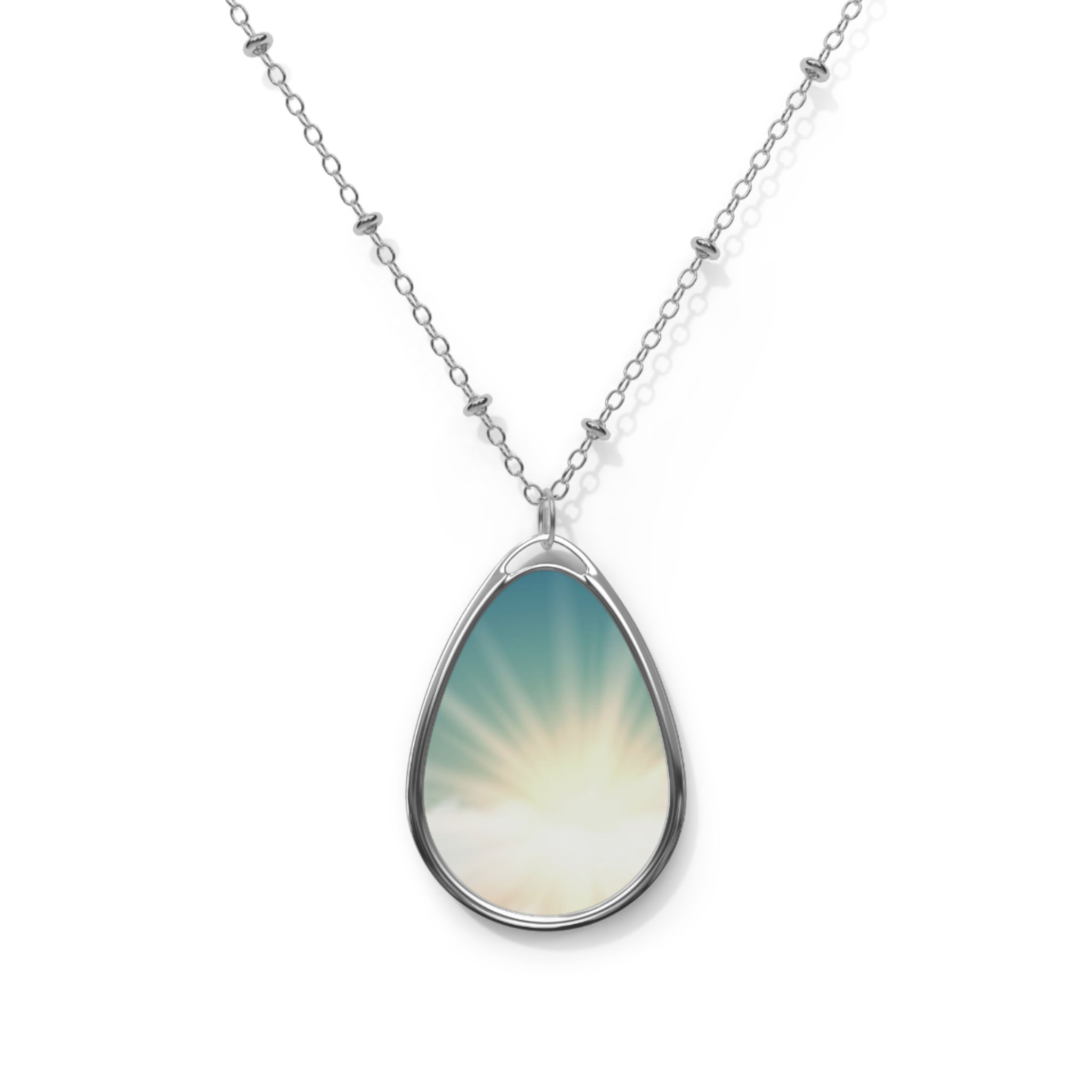 Sunrise Oval Necklace — Silver Teardrop Photo Pendant