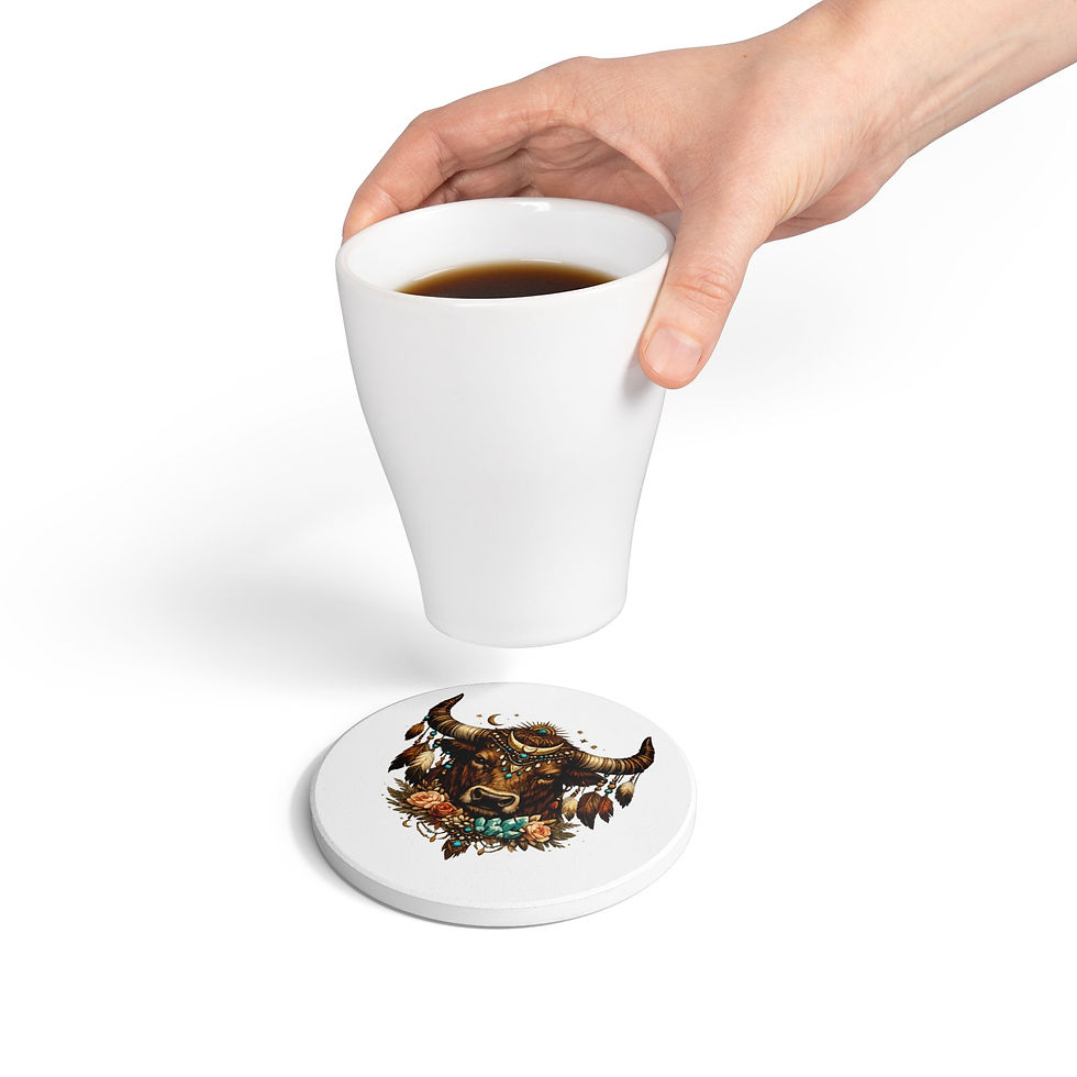 Thumbnail: Boho Bull Ceramic Coaster — Decorative Floral-Tassel Buffalo Drink Coaster