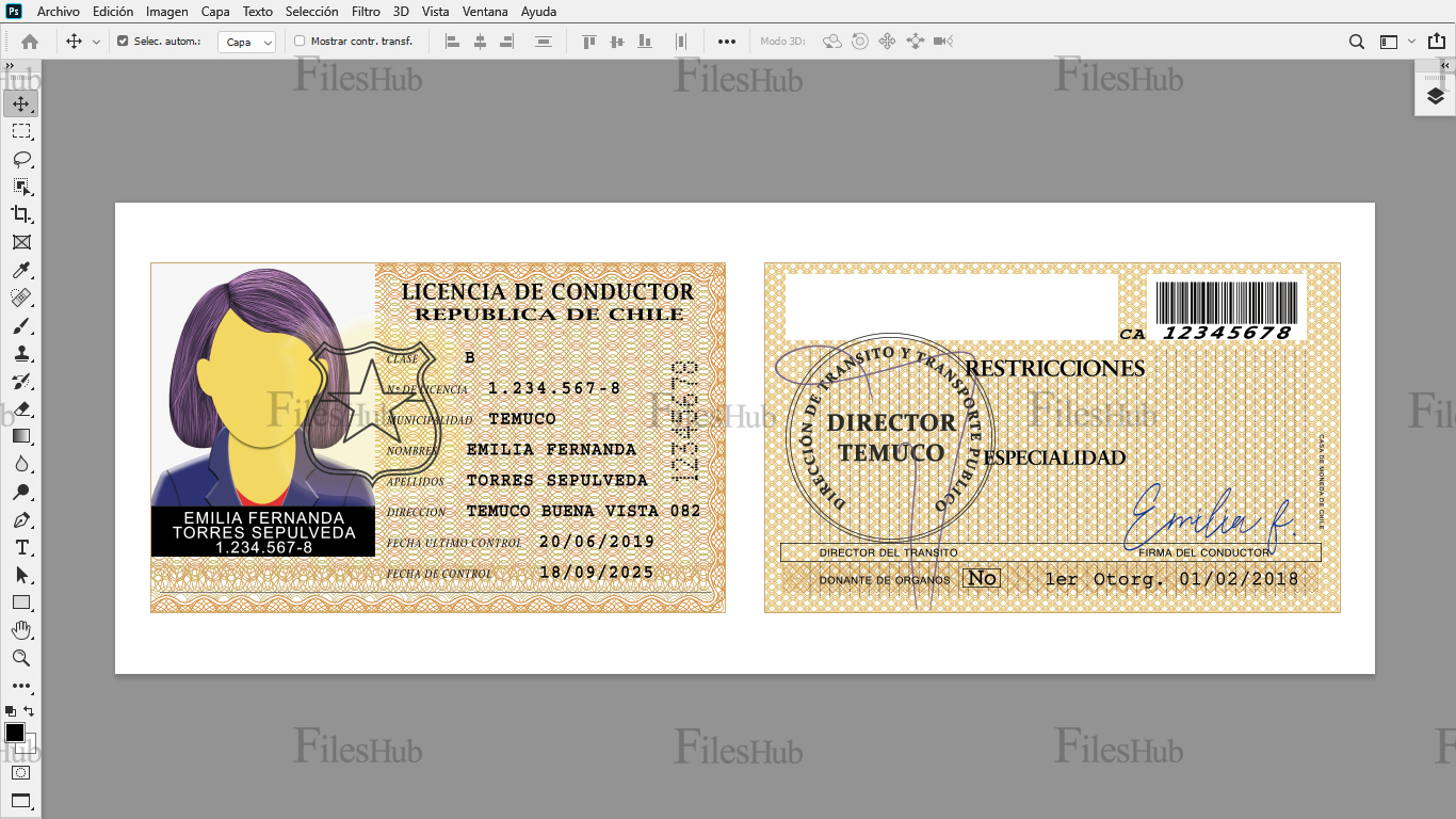 Licencia de conducir Chile plantilla PSD editable con Photoshop