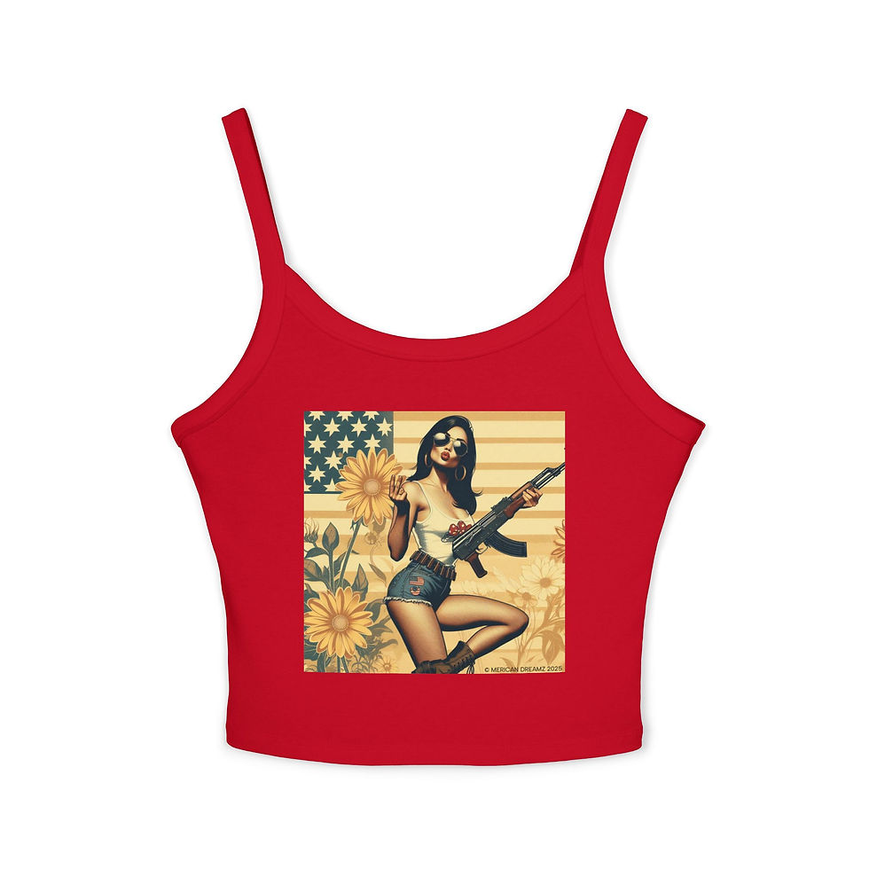 Thumbnail: MERICAN DREAMZ REBELLION Pin‑Up Girl Spaghetti Strap Tank AK‑47 Retro Americana