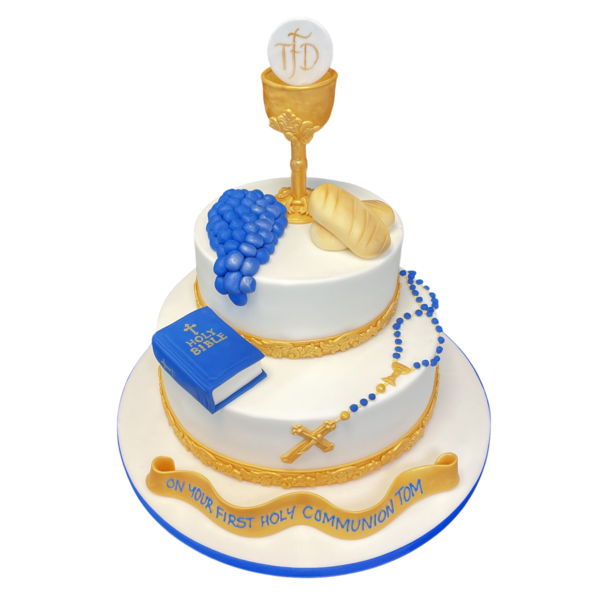 Bespoke Communion cake featuring a chalice and host design, crafted in Solihull, West Midlands for celebration.