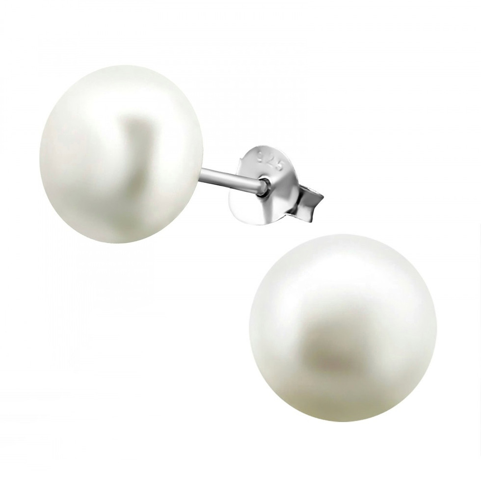 Sterling silver 10mm freshwater pearl stud earrings with tarnish-resistant finish, legt and front product view