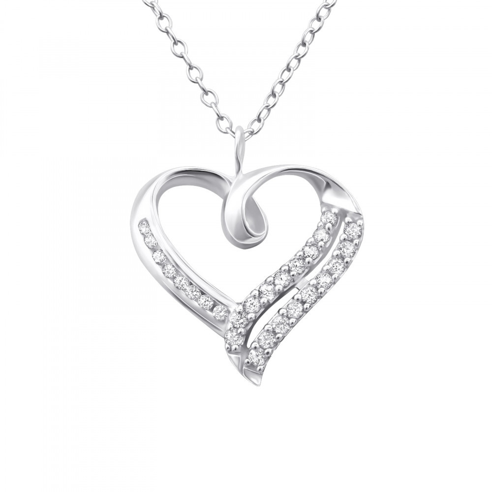 925 sterling silver heart necklace accented with clear cubic zirconia crystals, front view