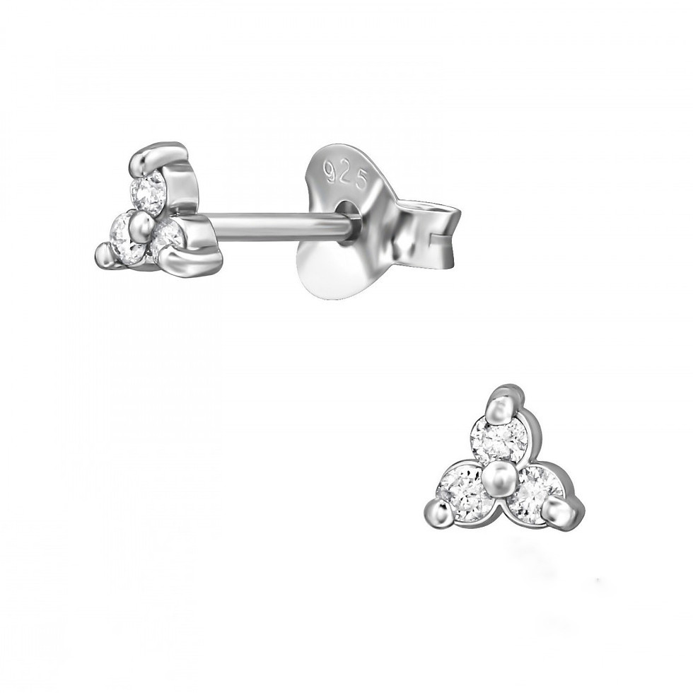 Sterling silver floral diamond stud earrings with tarnish-resistant rhodium finish, left and front product view