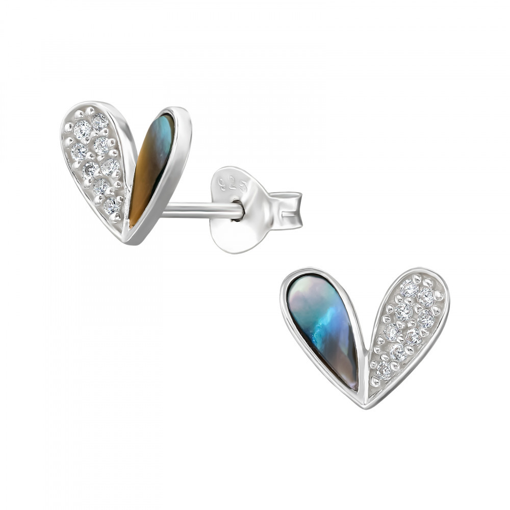 Sterling silver heart stud earrings with natural abalone shell and cubic zirconia accents, left and front product view