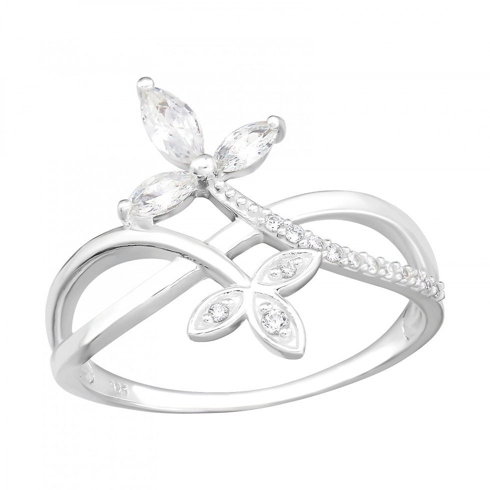 Sterling silver olive branch ring with clear cubic zirconia crystal accents, font view.