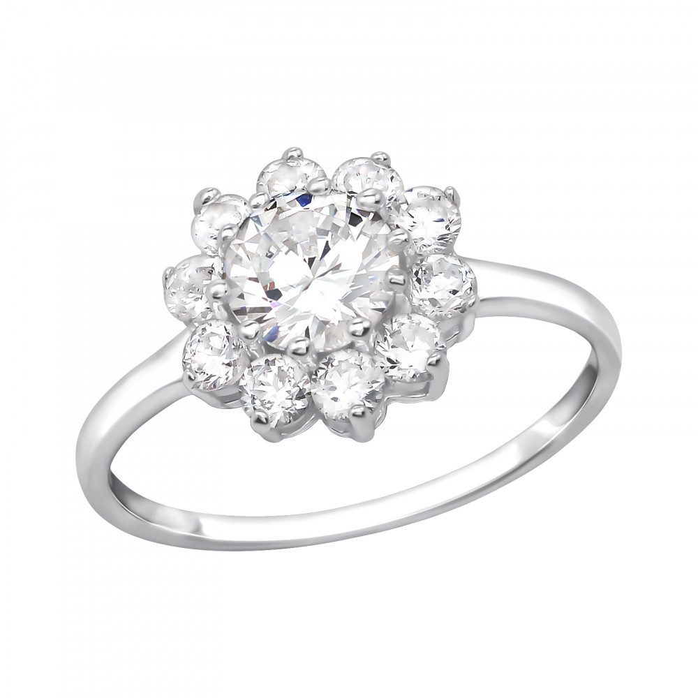 Sterling silver flower ring accented with clear cubic zirconia crystals,front view.