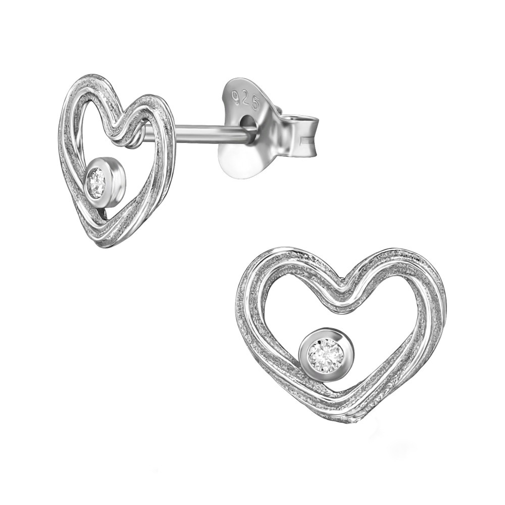 Sterling silver heart diamond stud earrings with tarnish-resistant rhodium finish, left and front product view