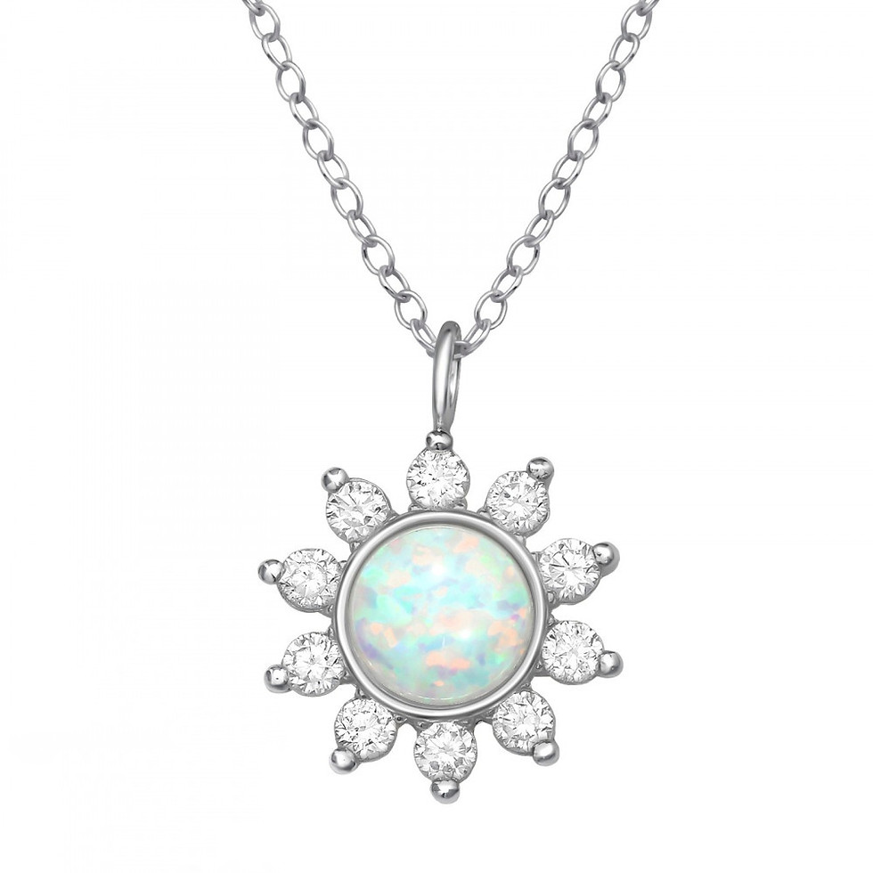 Sterling silver flower necklace with central opal and cubic zirconia halo.