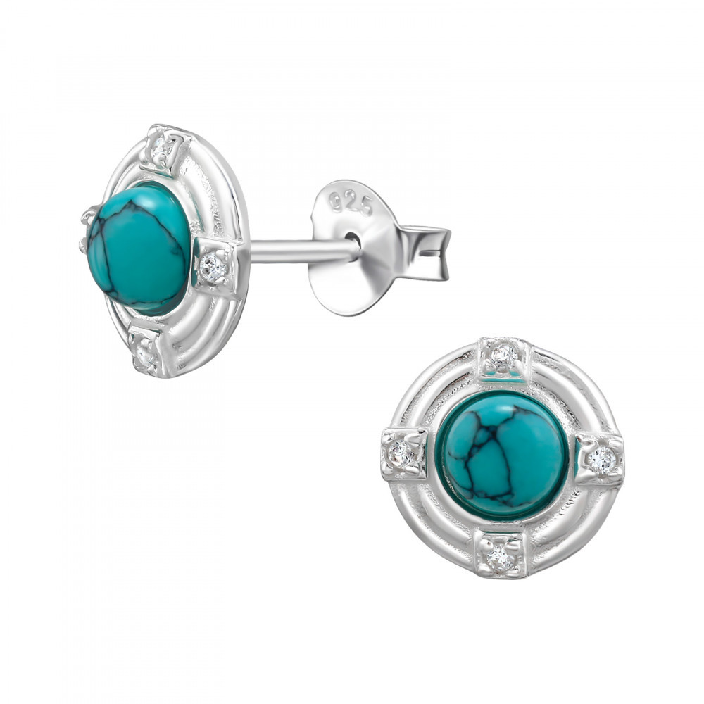 Sterling silver 8mm circle stud earrings with turquoise stones and cubic zirconia, front and left product view