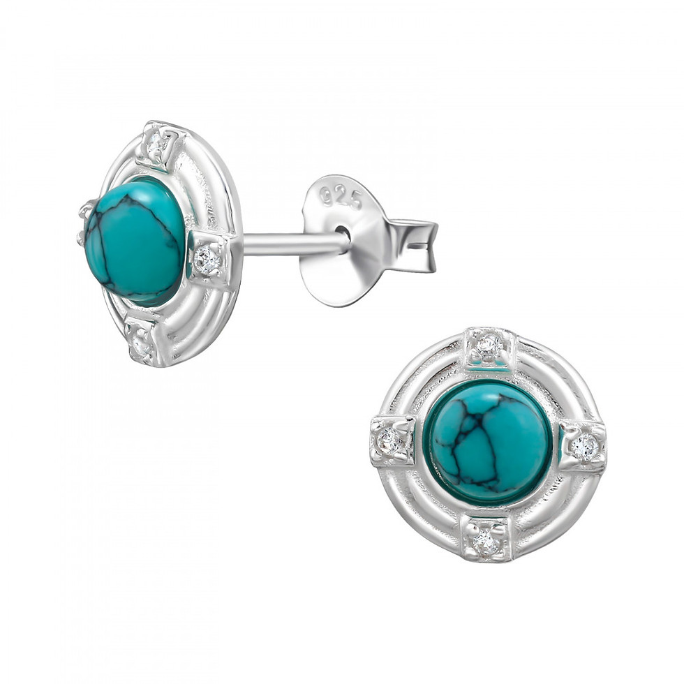 Sterling silver 8mm circle stud earrings with turquoise stones and cubic zirconia, front and left product view