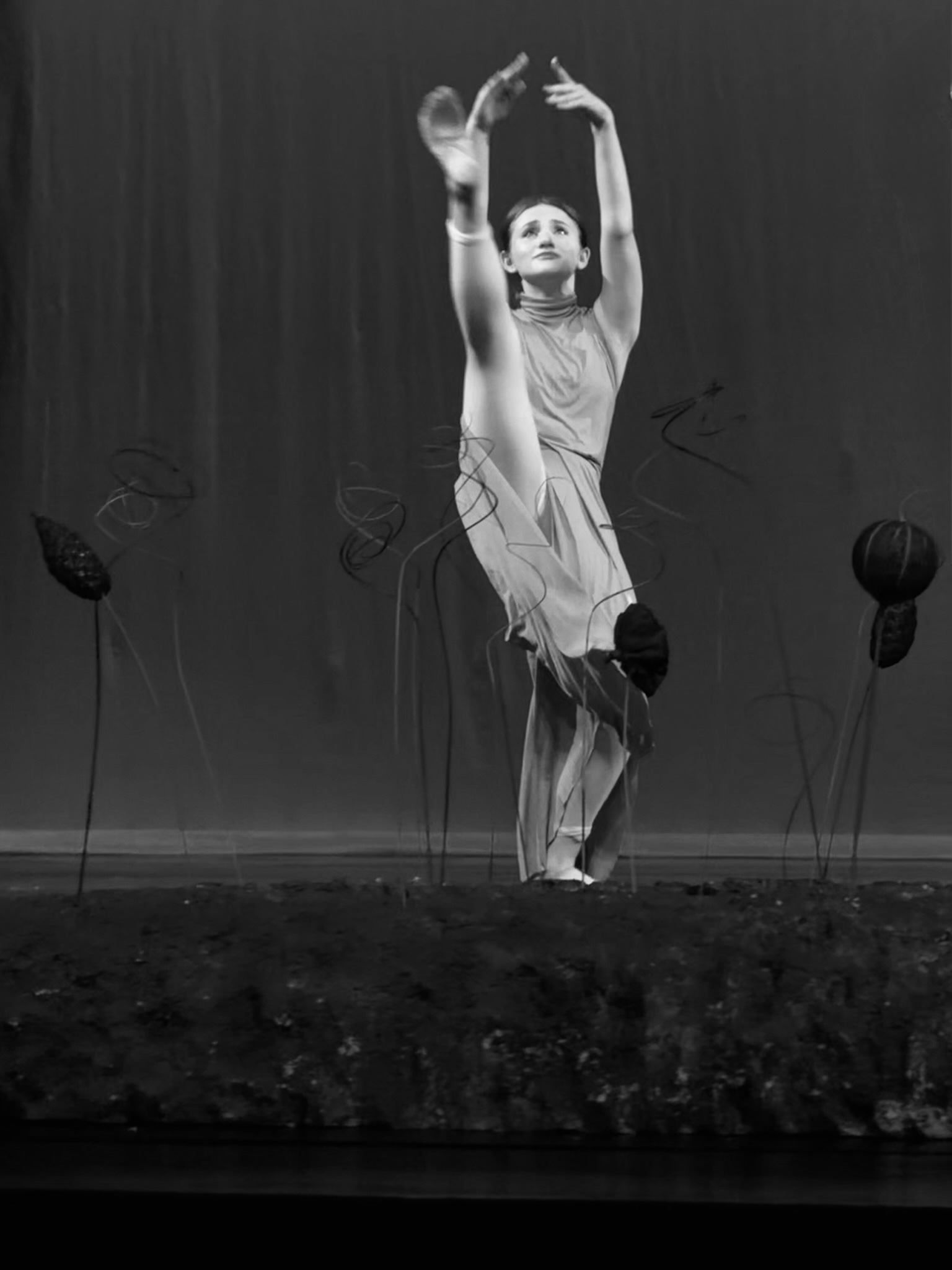 A graceful flow of ethereal blush silk fabric catching warm natural light in a dance studio.