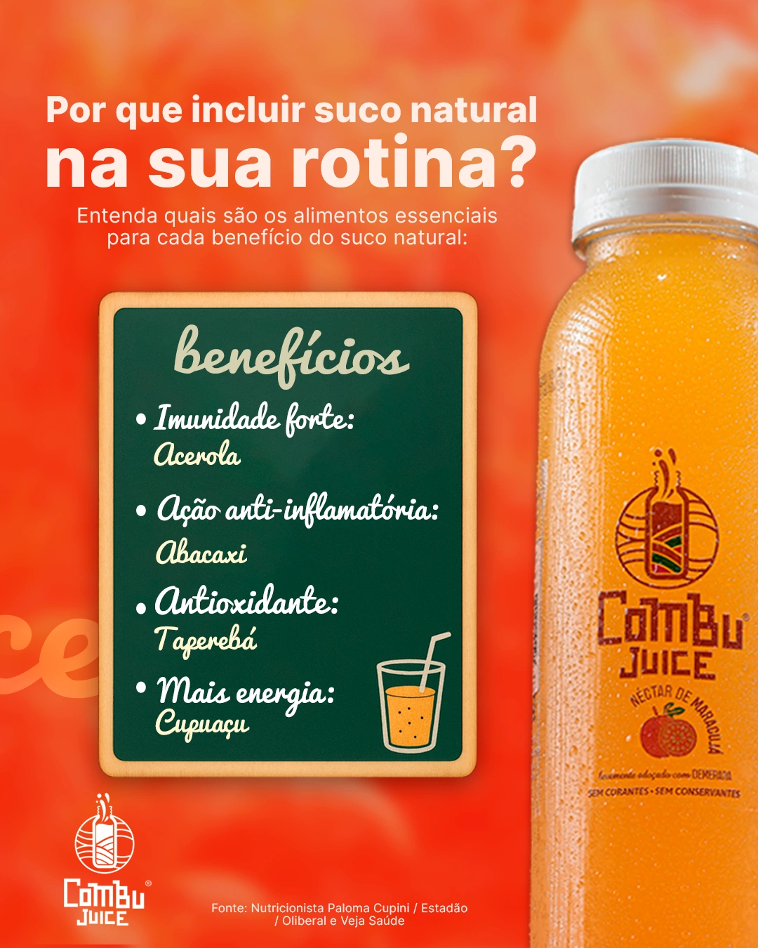 Garrafa de suco Combu Juice ao lado de quadro verde com lista de benefícios como imunidade forte, ação anti-inflamatória e mais energia, sobre fundo laranja vibrante