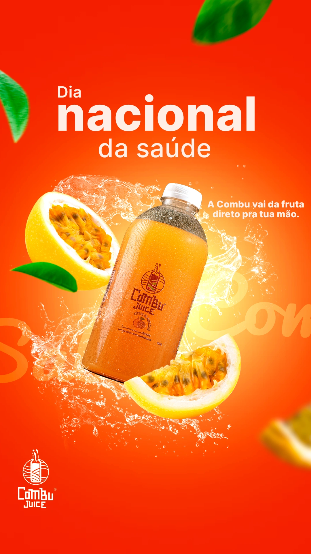 Garrafa de suco natural de maracujá Combu Juice com frutas frescas e respingos de água, sobre fundo laranja vibrante, celebrando o Dia Nacional da Saúde e a energia da Amazônia
