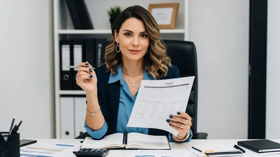 Profissional de contabilidade analisando impostos em escritório corporativo.