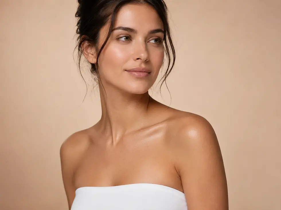 Mulher em fundo bege com foco no colo e ombros, representando fotodepilação corporal feminina com estética clean e sofisticada.
