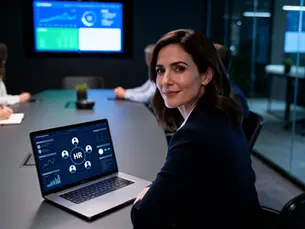 Mulher sorridente em reunião corporativa, com laptop mostrando painel de RH; tela ao fundo e colegas desfocados.