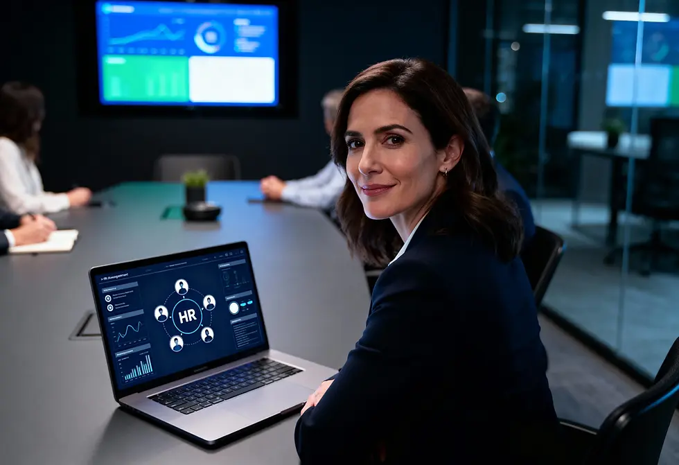 Mulher sorridente em reunião corporativa, com laptop mostrando painel de RH; tela ao fundo e colegas desfocados.