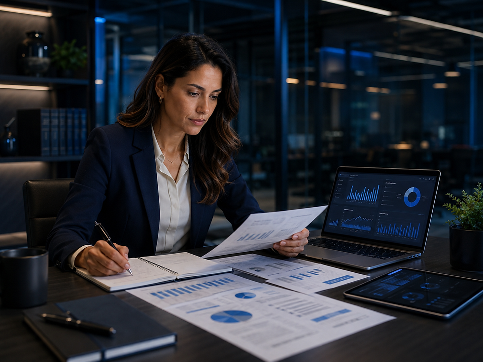 Empresária analisando orçamento empresarial com receitas, custos e investimentos em notebook e relatórios financeiros para planejar o crescimento da empresa.