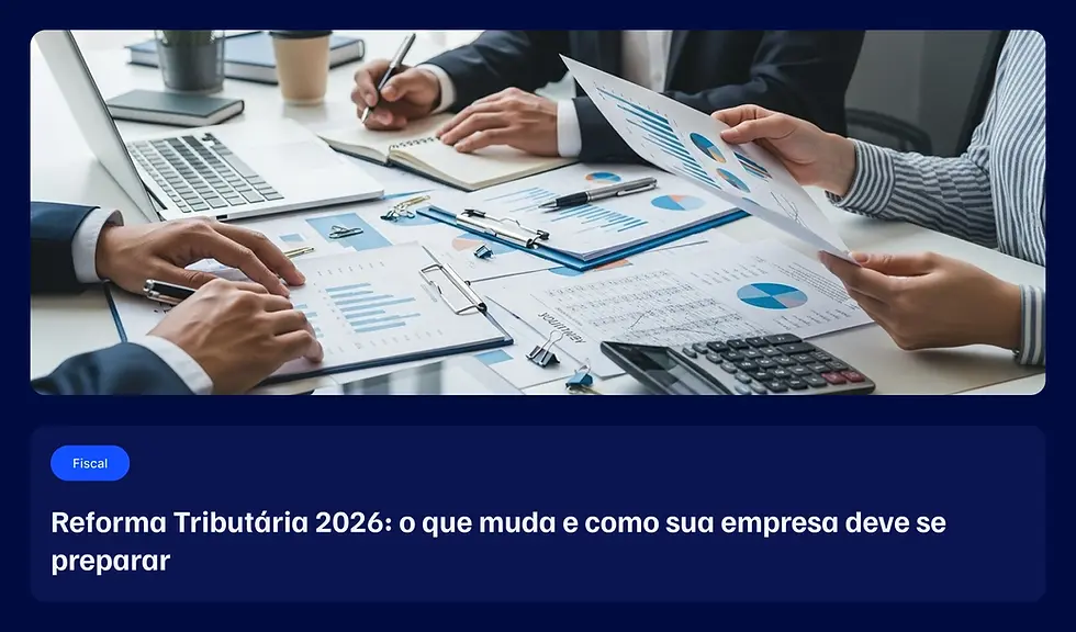 Profissionais analisando gráficos e planilhas em uma reunião de escritório, representando o planejamento empresarial diante das mudanças da Reforma Tributária 2026.