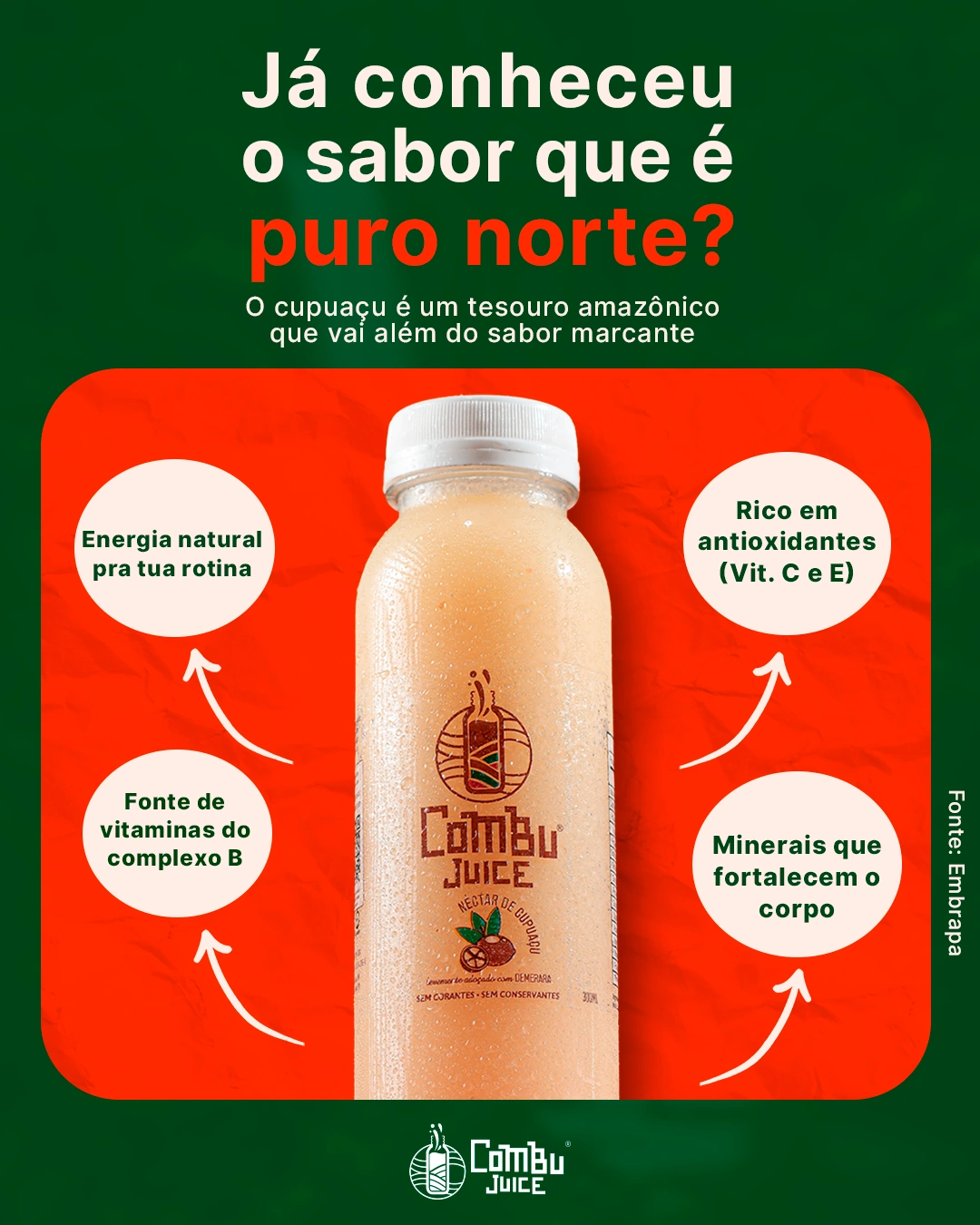 Garrafa de suco de cupuaçu Combu Juice em destaque com elementos gráficos informando benefícios como vitaminas e minerais, com o texto ‘Já conheceu o sabor que é puro norte