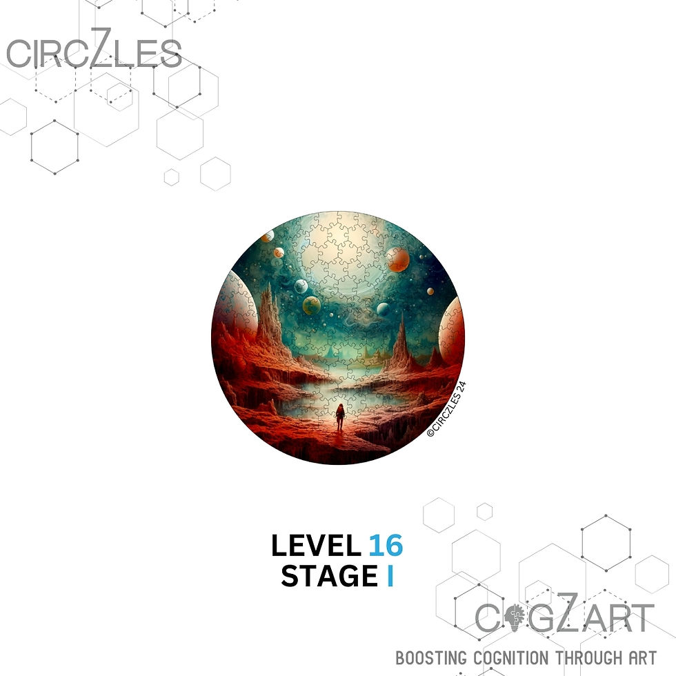 Thumbnail: Circles, Level 16, Stage 1, a person on a distant world, Cogzart, artistic meditation.