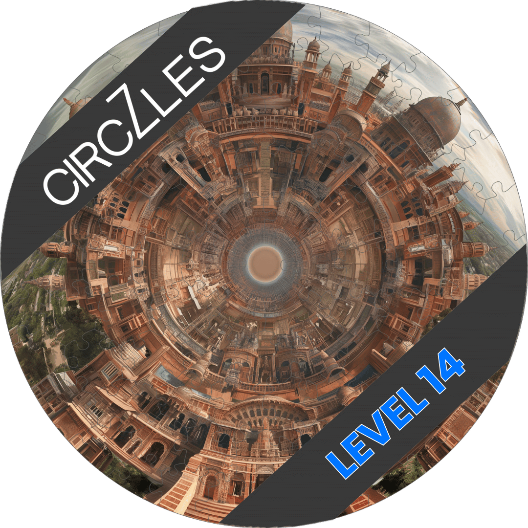 Circular puzzle showing buildings, the words CIRCzLES and LEVEL 14 in view.