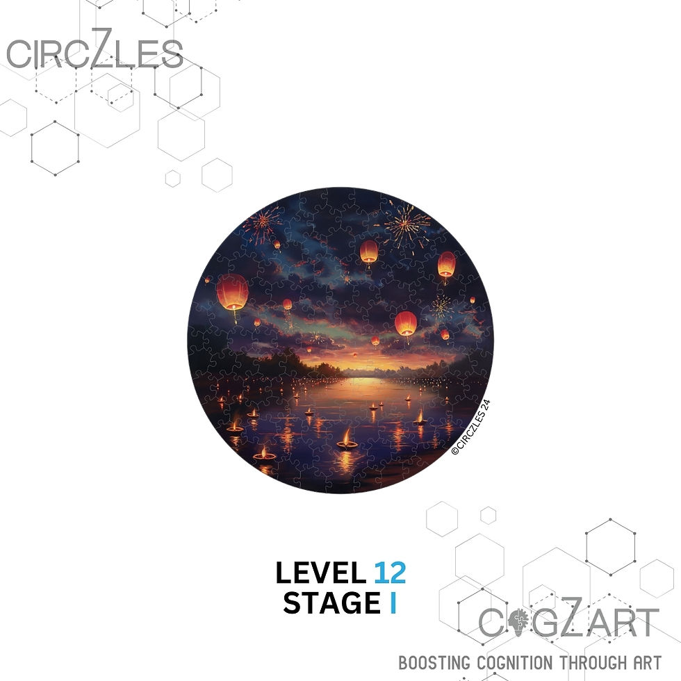 Thumbnail: Circzles Level 12 Stage 1 image of a lake with glowing lanterns Cogzart.