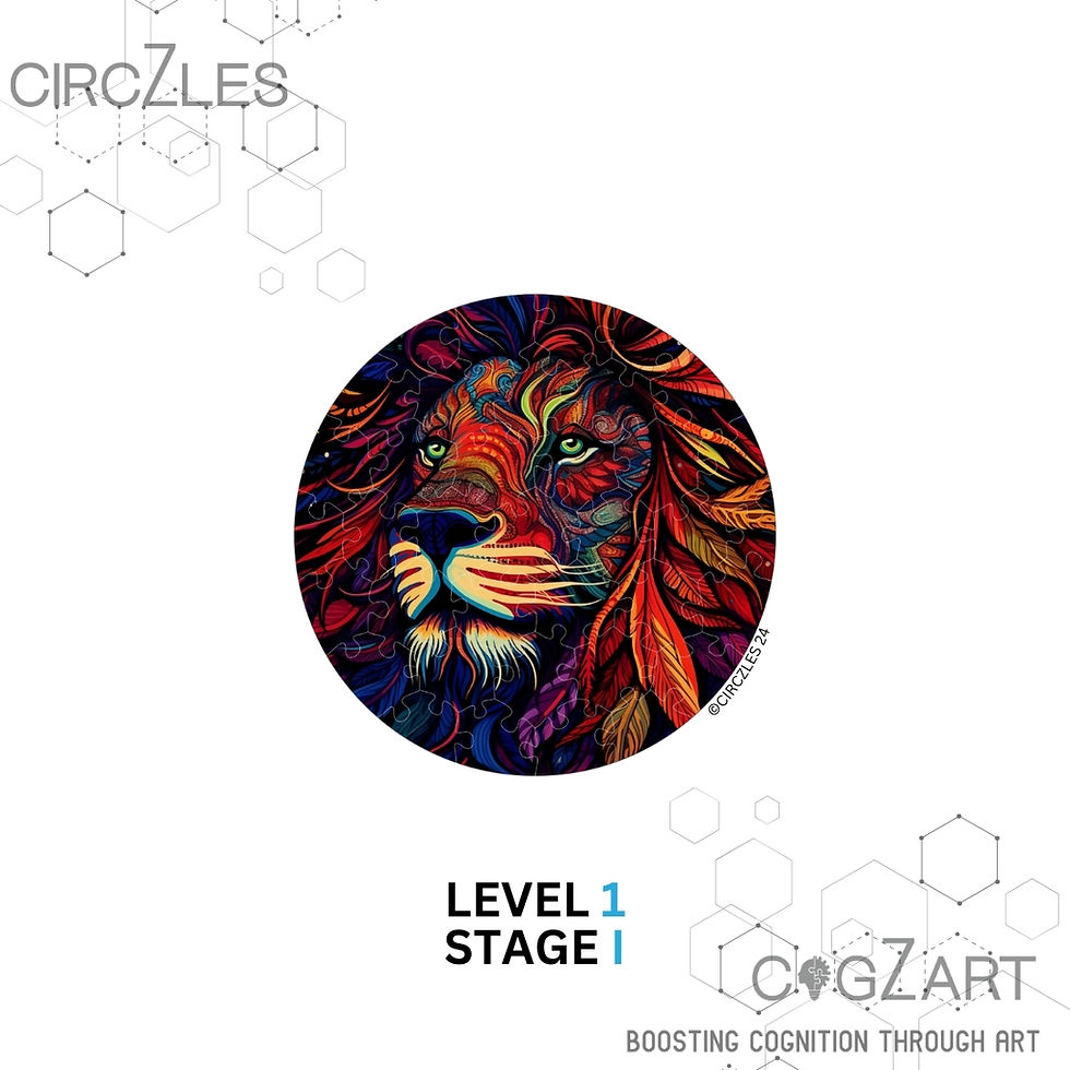 Thumbnail: Circles Level 1 Stage 1 Cogzart lion illustration, a wooden puzzles design.