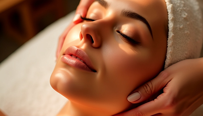 Elegant woman receiving a facial in a lu