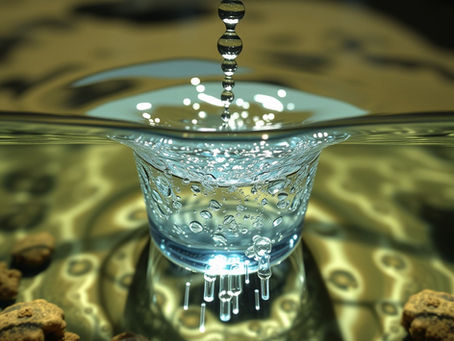 a crystal clear drop of water splashing into a pond