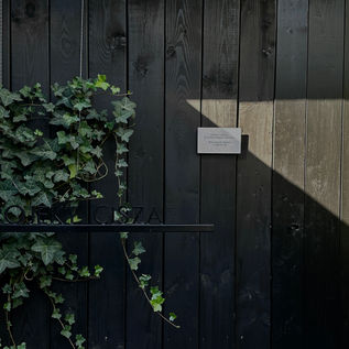 sauna, wejście do sauny, czarna sauna, deski elewacyjne, bluszcz, projekt cisza